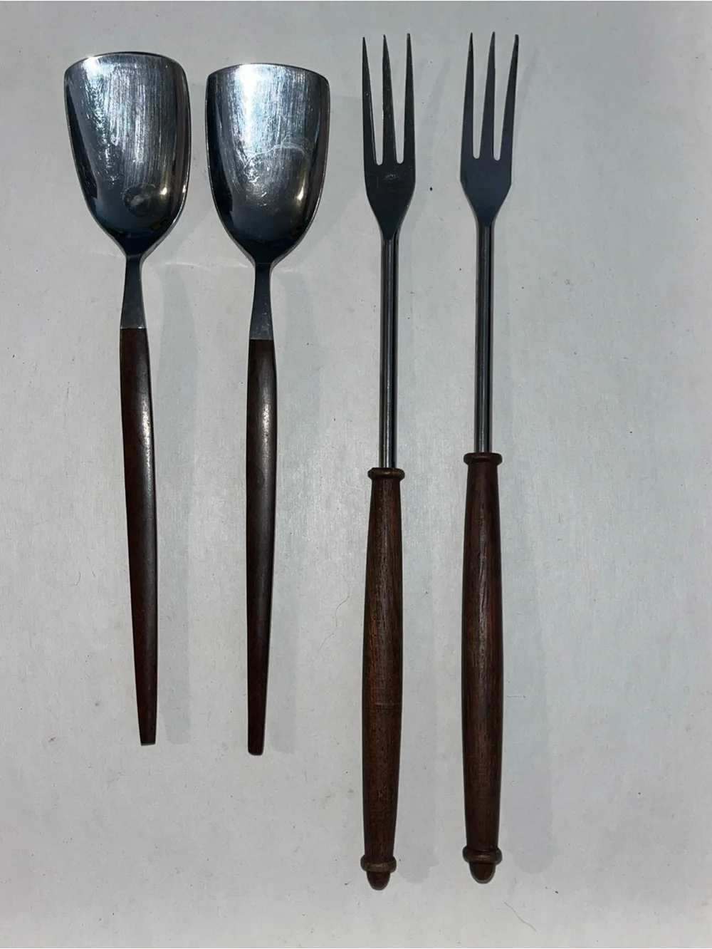 Vtg Ekco Eterna Canoe Muffin Japan Forged Stainless & Wood Flatware - 4 Pc Lot